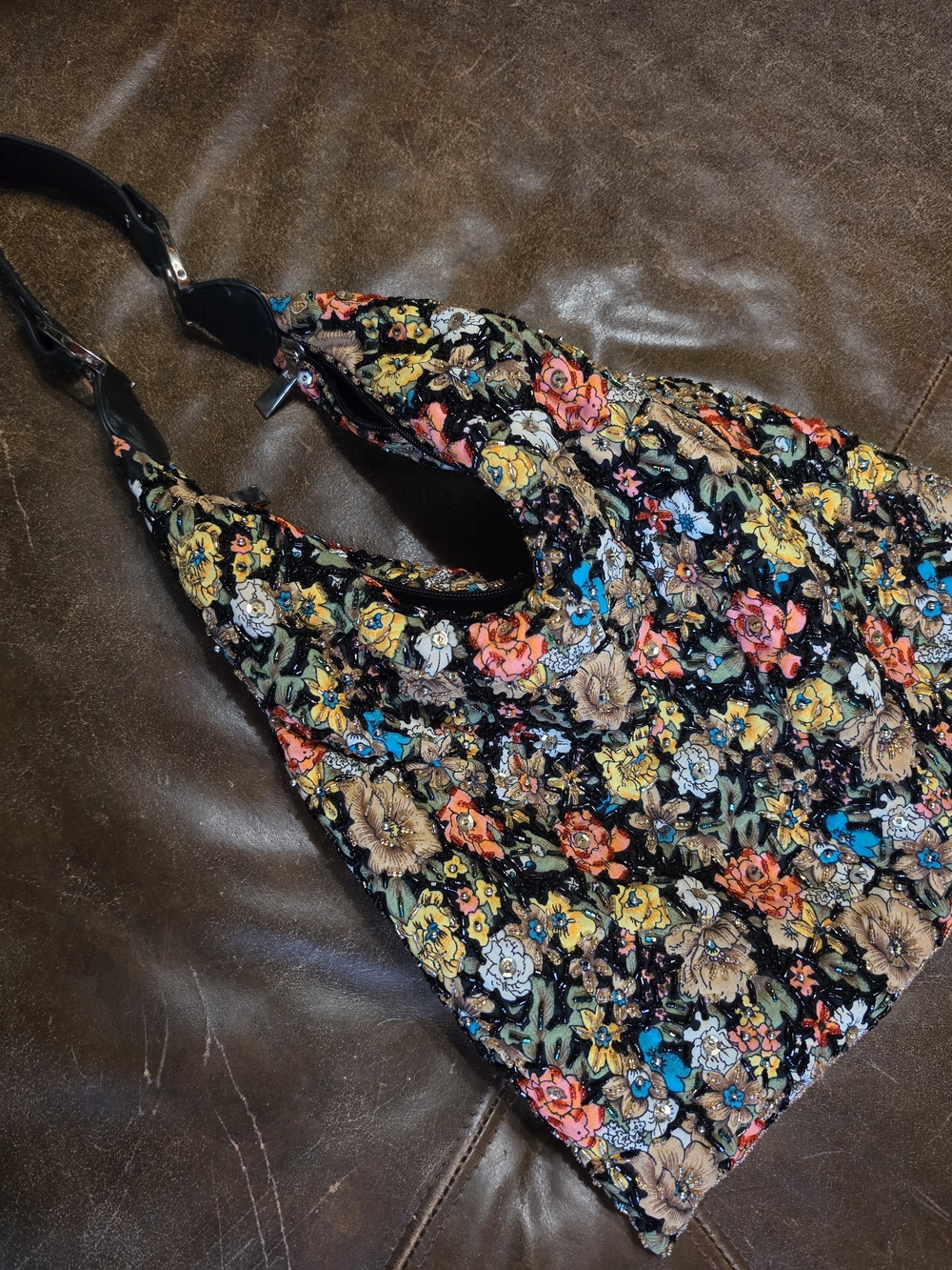 Vintage Inspired Beaded Floral Hobo Shoulder Bag Sequin Embellished EUC